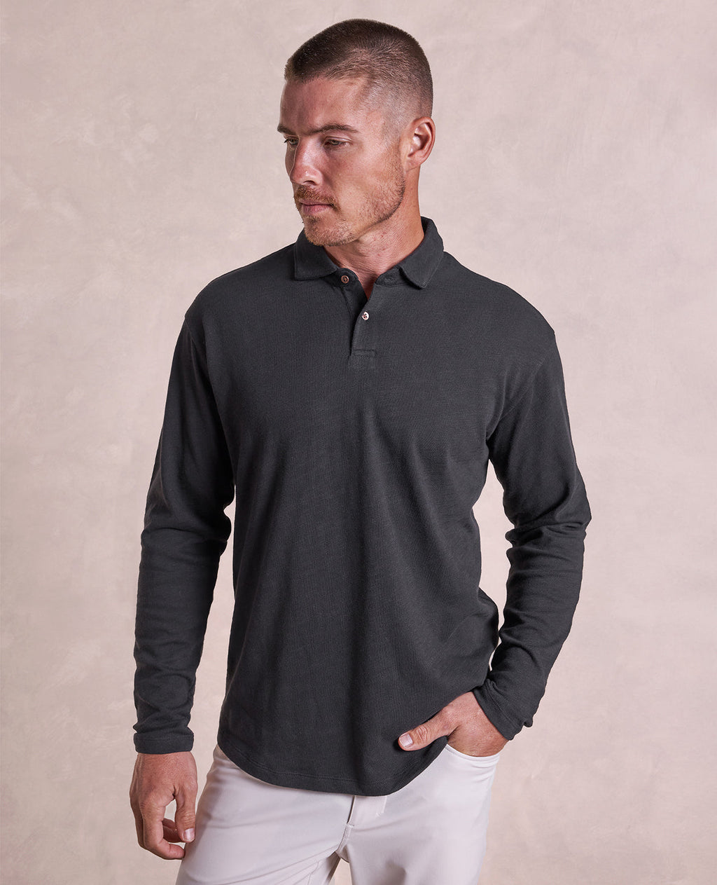 The Mercer - Distressed LS Polo - Black